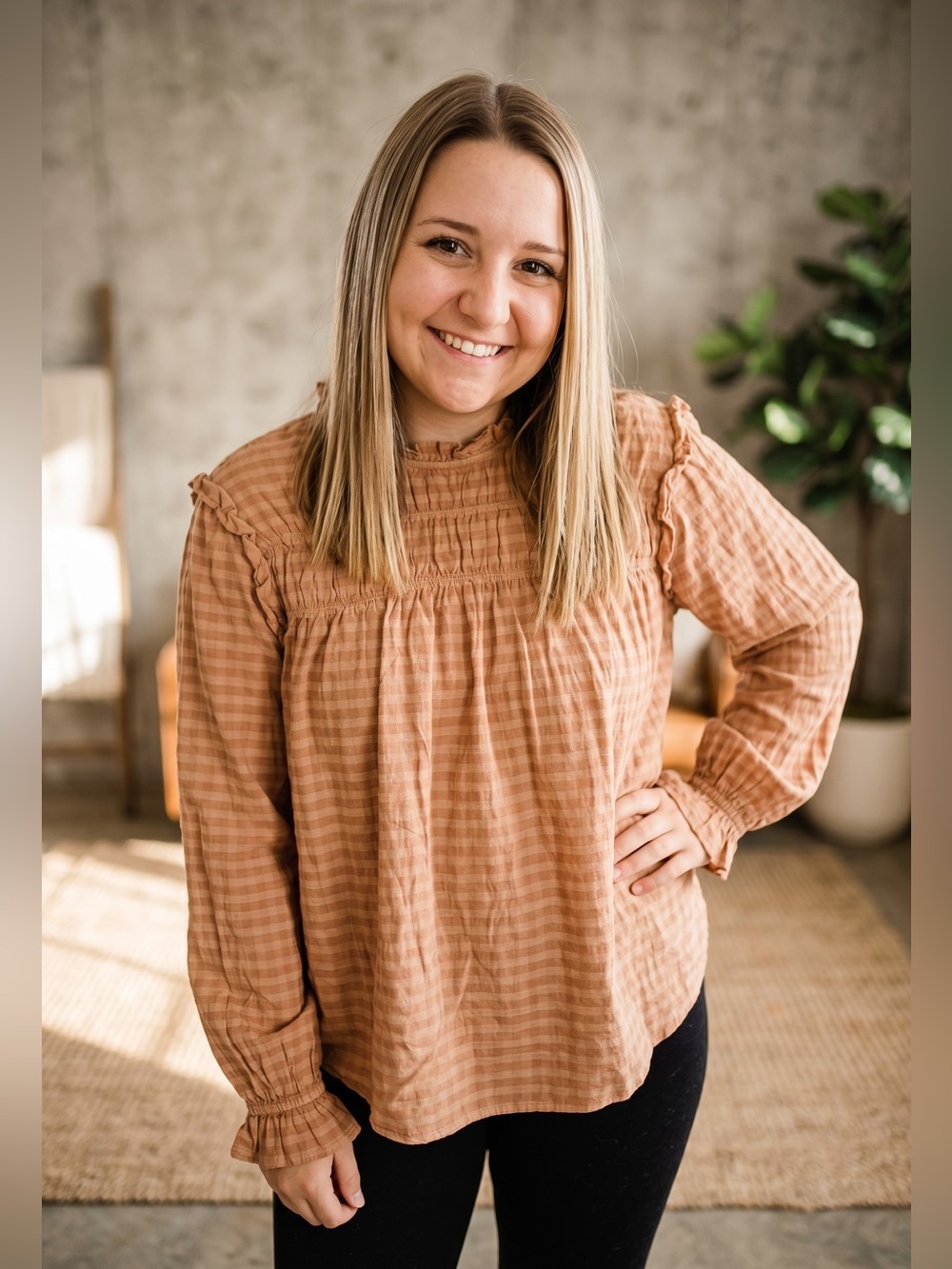 Easel Women's Tan Plaid Long Sleeve Top